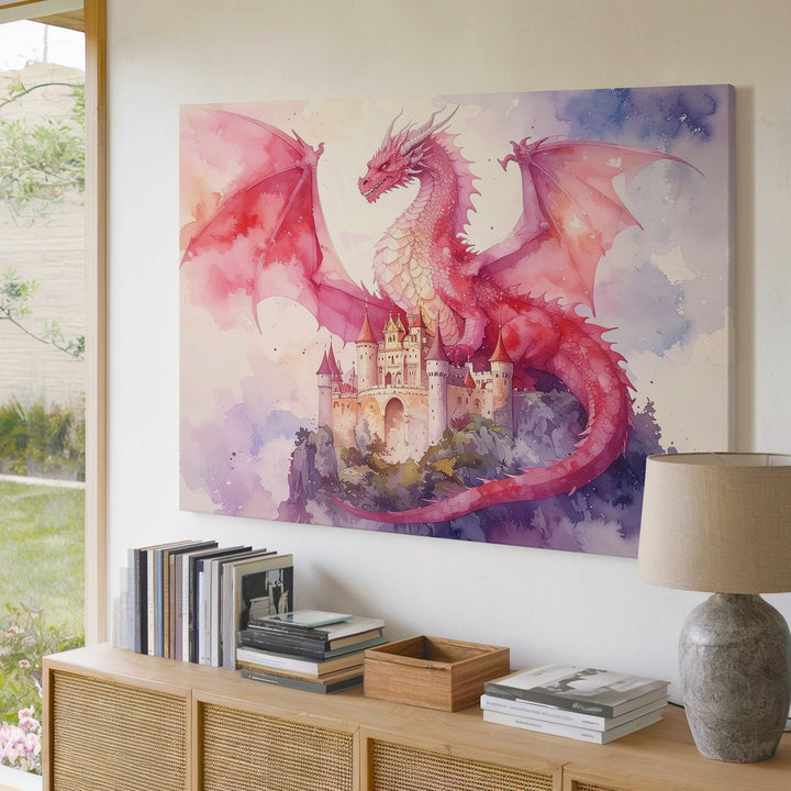 Watercolor Dragon & Castle Canvas – Whimsical Fantasy Wall Art - Gifitto