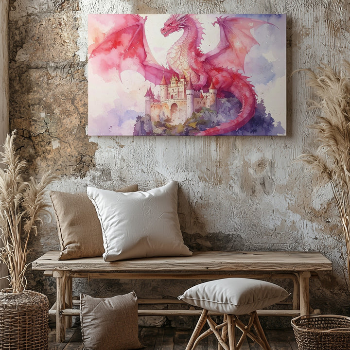 Watercolor Dragon & Castle Canvas – Whimsical Fantasy Wall Art - Gifitto