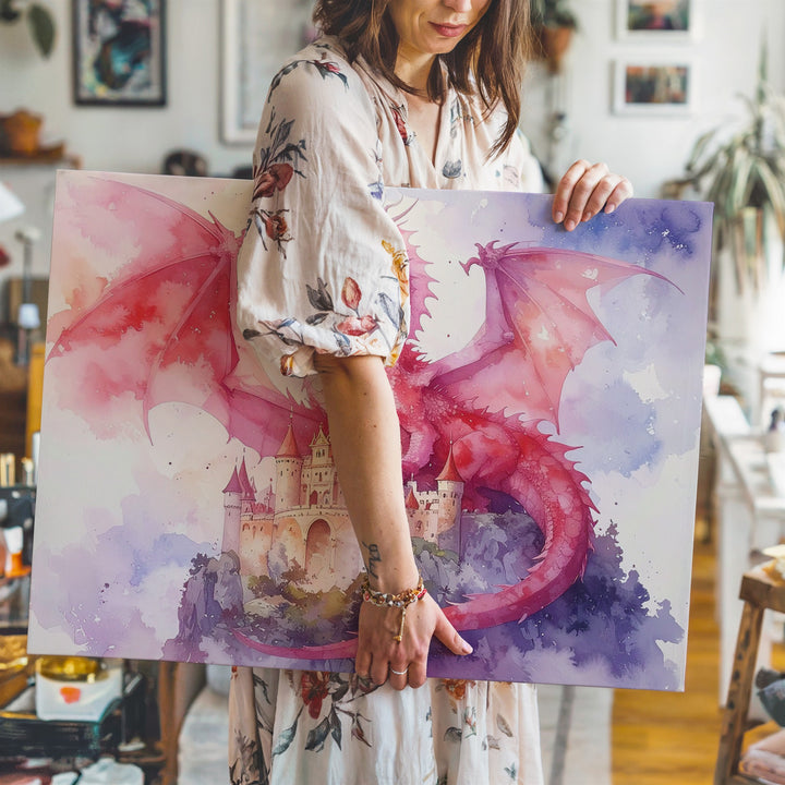 Watercolor Dragon & Castle Canvas – Whimsical Fantasy Wall Art - Gifitto