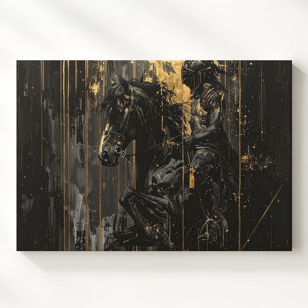 Gold Warrior & Horse Canvas – Monochrome Mythic Power Wall Art - Gifitto