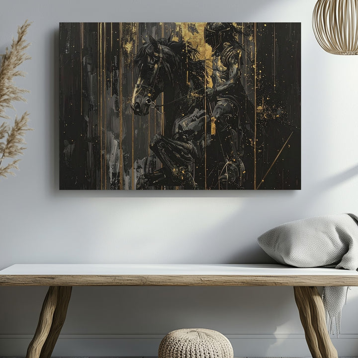 Gold Warrior & Horse Canvas – Monochrome Mythic Power Wall Art - Gifitto