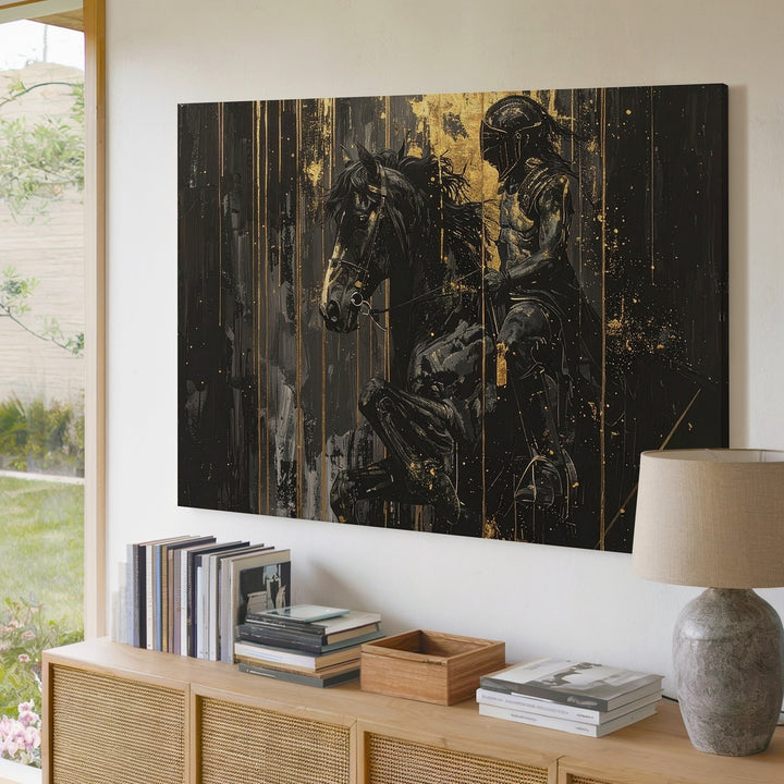 Gold Warrior & Horse Canvas – Monochrome Mythic Power Wall Art - Gifitto