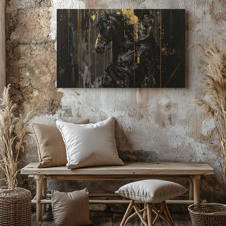 Gold Warrior & Horse Canvas – Monochrome Mythic Power Wall Art - Gifitto