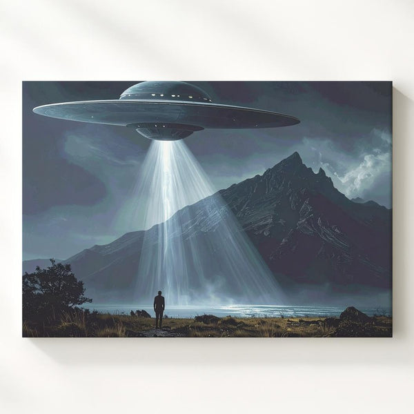 UFO Encounter Canvas – Mysterious Alien Craft and Lonely Figure - Gifitto