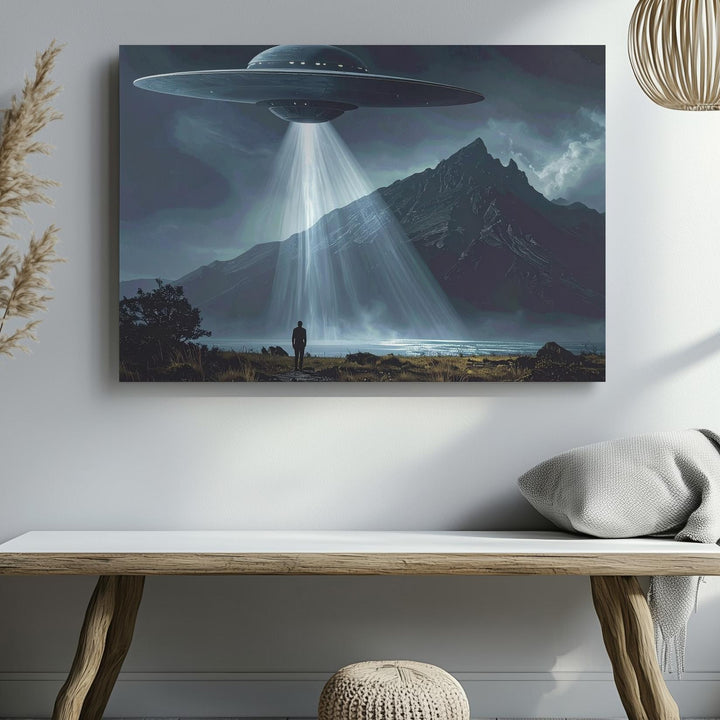 UFO Encounter Canvas – Mysterious Alien Craft and Lonely Figure - Gifitto