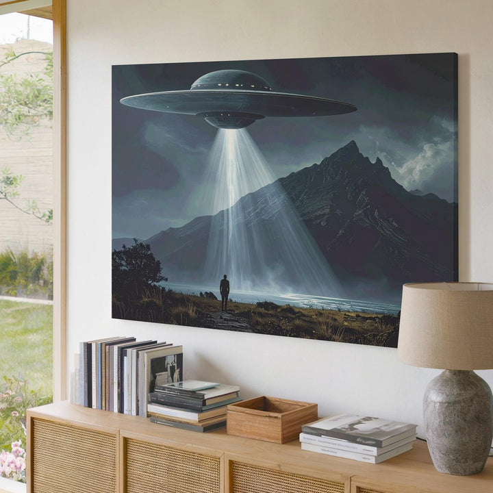 UFO Encounter Canvas – Mysterious Alien Craft and Lonely Figure - Gifitto
