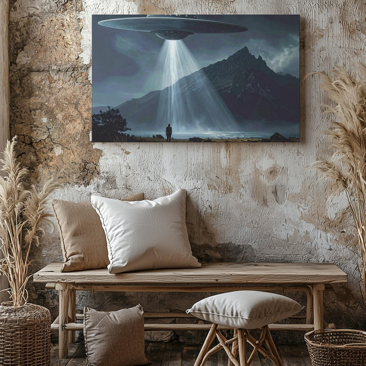 UFO Encounter Canvas – Mysterious Alien Craft and Lonely Figure - Gifitto