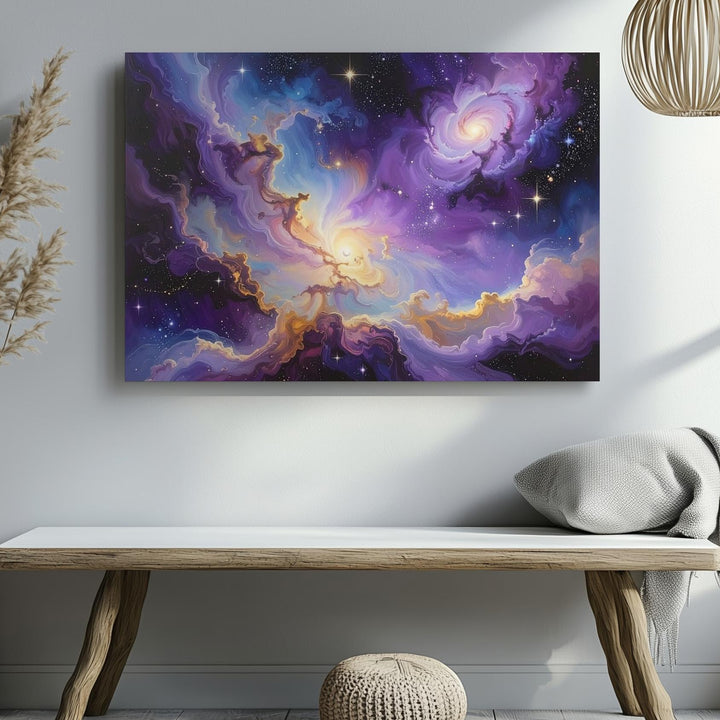 Ribbon Nebula Flow Canvas – Pastel Galaxy Clouds in Purple, Gold & White - Gifitto