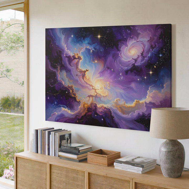 Ribbon Nebula Flow Canvas – Pastel Galaxy Clouds in Purple, Gold & White - Gifitto