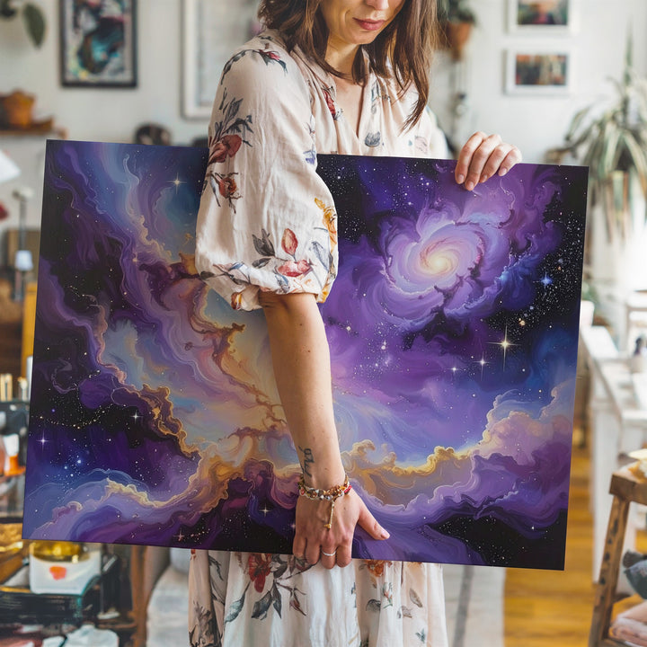 Ribbon Nebula Flow Canvas – Pastel Galaxy Clouds in Purple, Gold & White - Gifitto