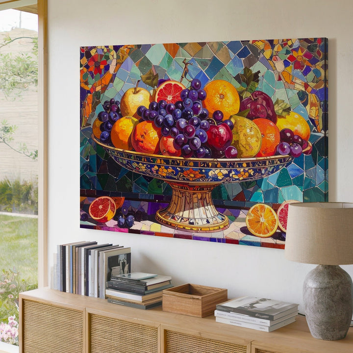 Mosaic Fruit Bowl Canvas – Ornate Still Life with Jewel-Toned Abundance - Gifitto