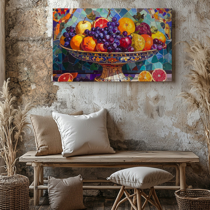 Mosaic Fruit Bowl Canvas – Ornate Still Life with Jewel-Toned Abundance - Gifitto