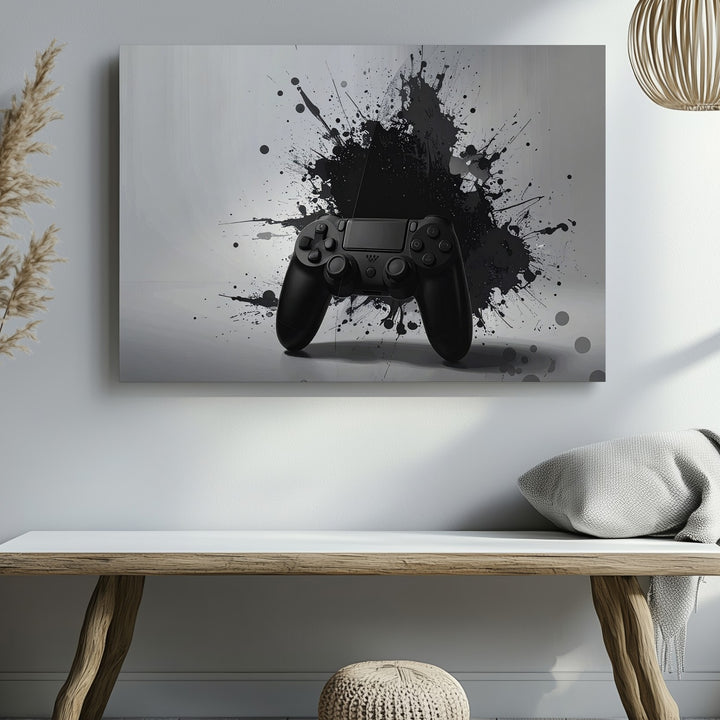 Minimalist Grunge Gaming Controller Canvas – Black on White Urban Wall Art - Gifitto