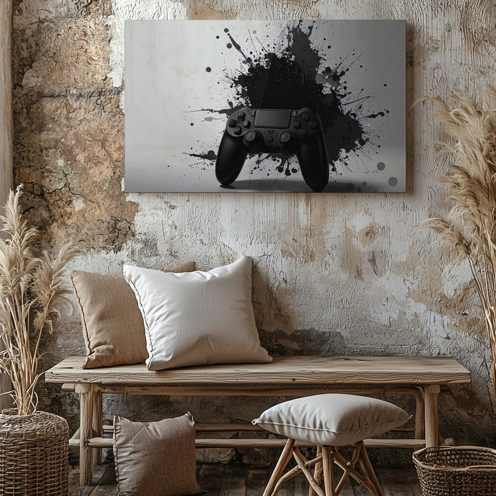 Minimalist Grunge Gaming Controller Canvas – Black on White Urban Wall Art - Gifitto