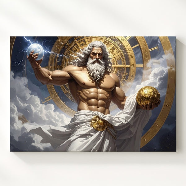 Zeus of Time Canvas – Celestial God with Thunderbolt and Cosmic Clock - Gifitto