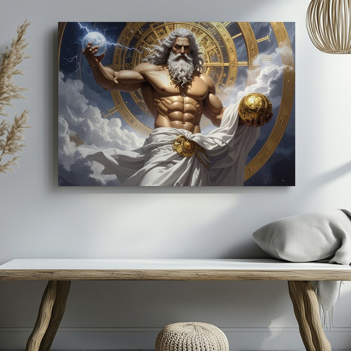 Zeus of Time Canvas – Celestial God with Thunderbolt and Cosmic Clock - Gifitto