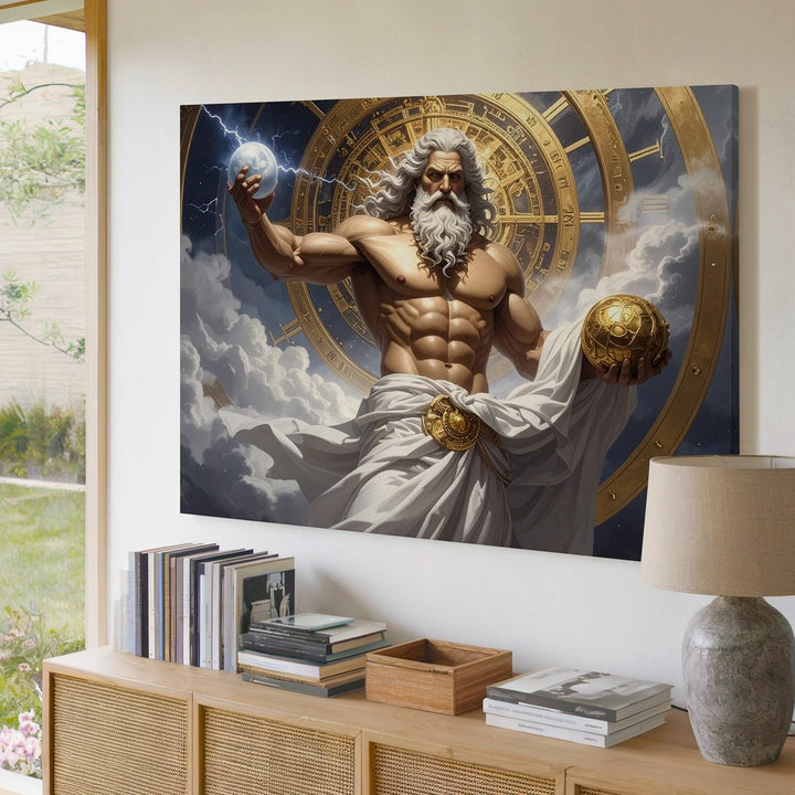 Zeus of Time Canvas – Celestial God with Thunderbolt and Cosmic Clock - Gifitto