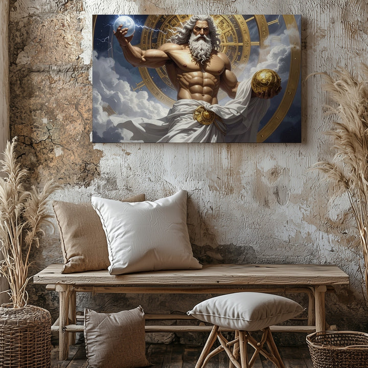 Zeus of Time Canvas – Celestial God with Thunderbolt and Cosmic Clock - Gifitto