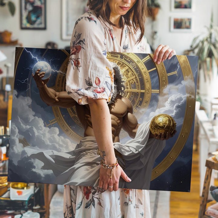 Zeus of Time Canvas – Celestial God with Thunderbolt and Cosmic Clock - Gifitto