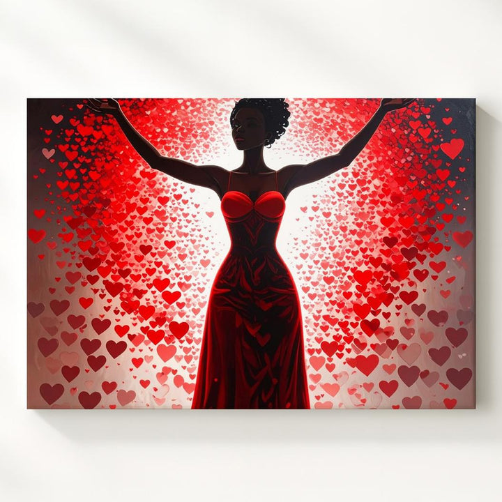 Empowered Love Canvas – Joyful Woman Silhouette with Radiant Hearts - Gifitto