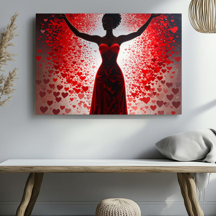 Empowered Love Canvas – Joyful Woman Silhouette with Radiant Hearts - Gifitto
