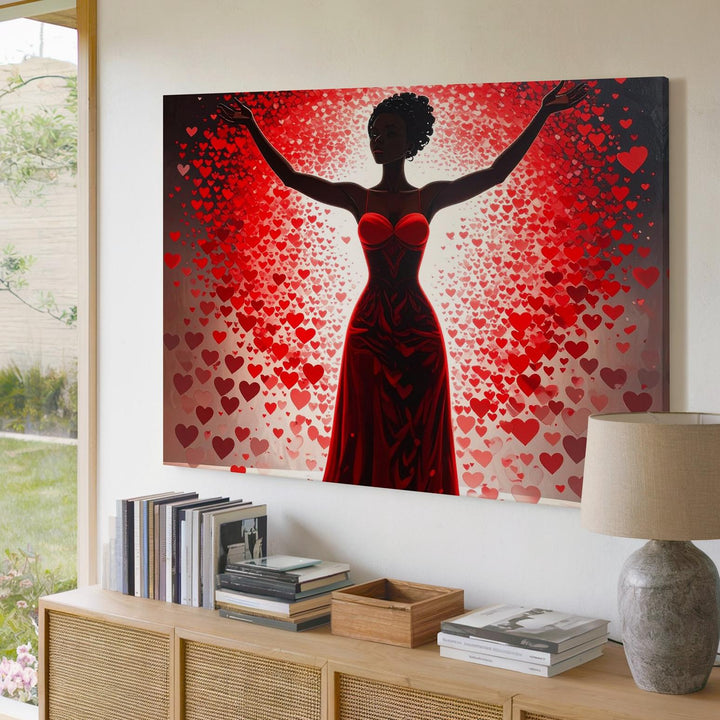 Empowered Love Canvas – Joyful Woman Silhouette with Radiant Hearts - Gifitto