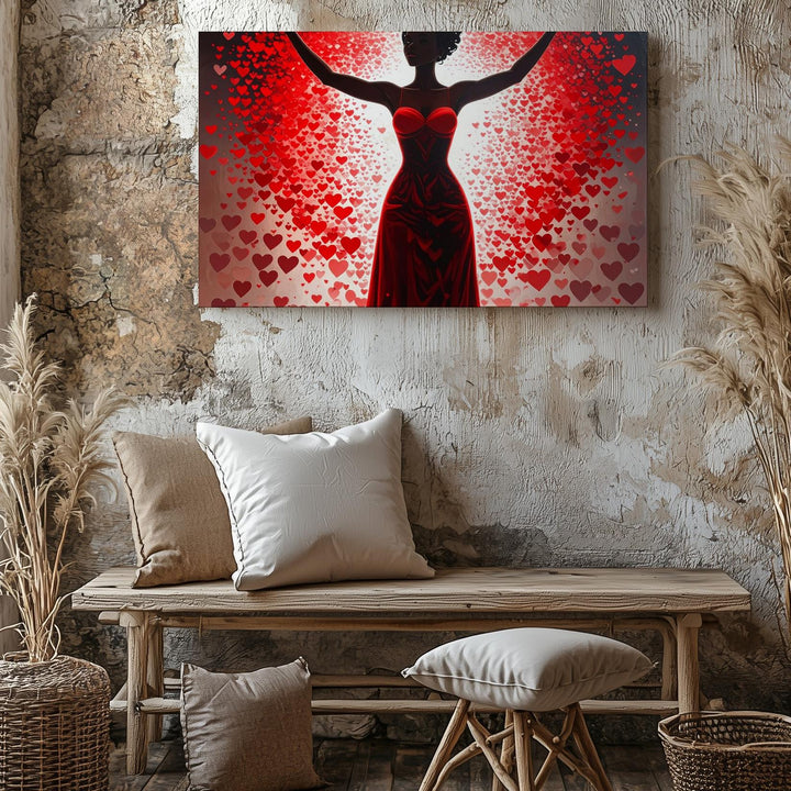 Empowered Love Canvas – Joyful Woman Silhouette with Radiant Hearts - Gifitto
