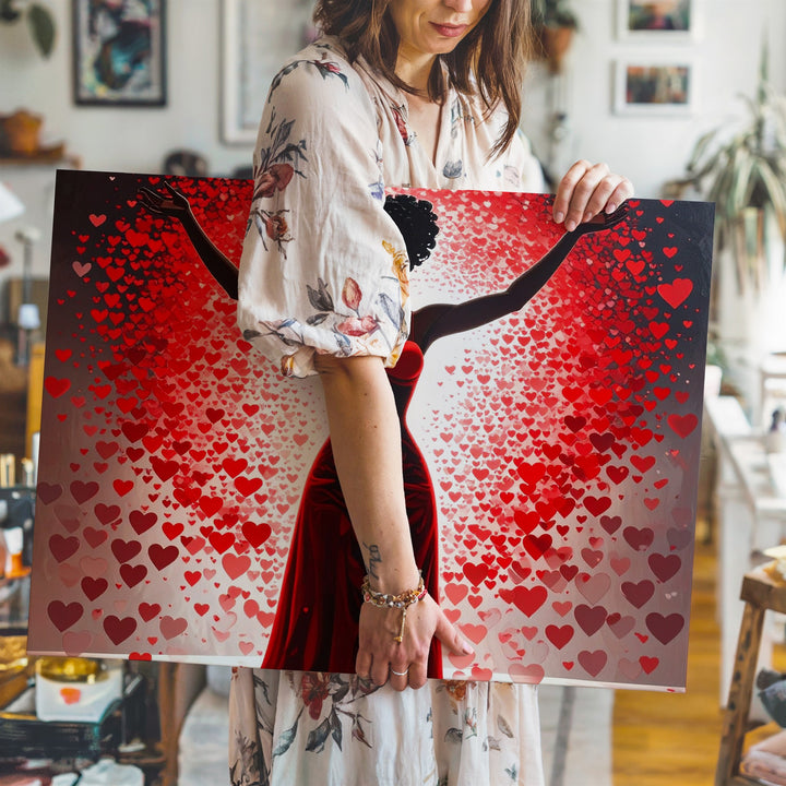Empowered Love Canvas – Joyful Woman Silhouette with Radiant Hearts - Gifitto