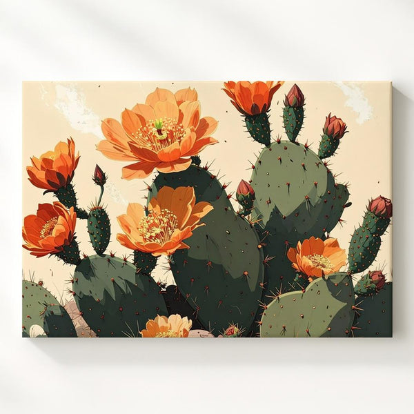 Prickly Pear Cactus Canvas – Stylized Botanical Illustration with Orange Blooms - Gifitto