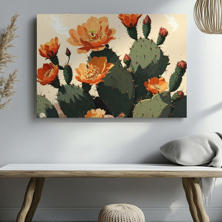 Prickly Pear Cactus Canvas – Stylized Botanical Illustration with Orange Blooms - Gifitto