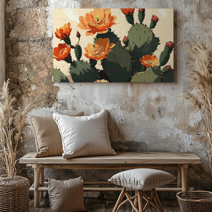 Prickly Pear Cactus Canvas – Stylized Botanical Illustration with Orange Blooms - Gifitto