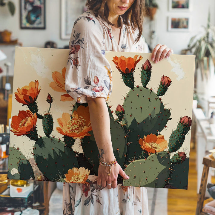 Prickly Pear Cactus Canvas – Stylized Botanical Illustration with Orange Blooms - Gifitto