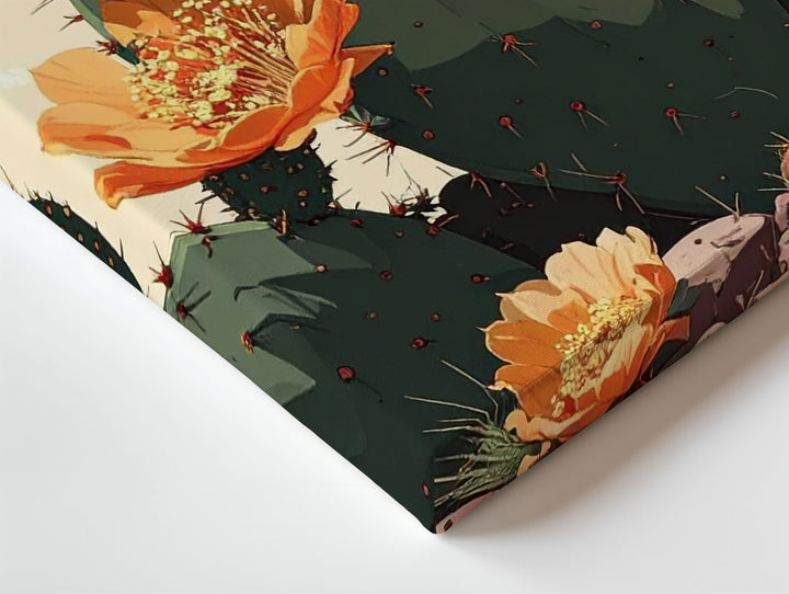 Prickly Pear Cactus Canvas – Stylized Botanical Illustration with Orange Blooms - Gifitto