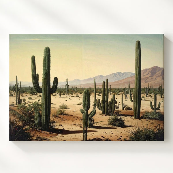 Desert Stillness Canvas – Surreal Cactus Landscape in Vintage Pastel Tones - Gifitto