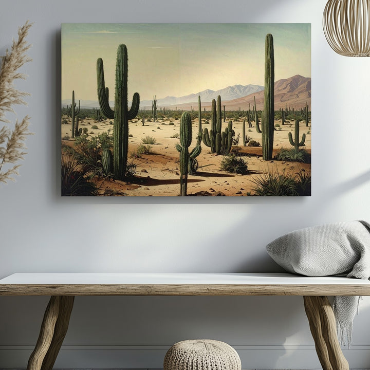 Desert Stillness Canvas – Surreal Cactus Landscape in Vintage Pastel Tones - Gifitto