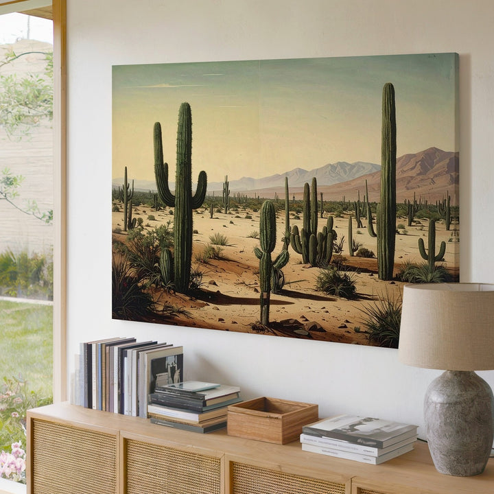 Desert Stillness Canvas – Surreal Cactus Landscape in Vintage Pastel Tones - Gifitto