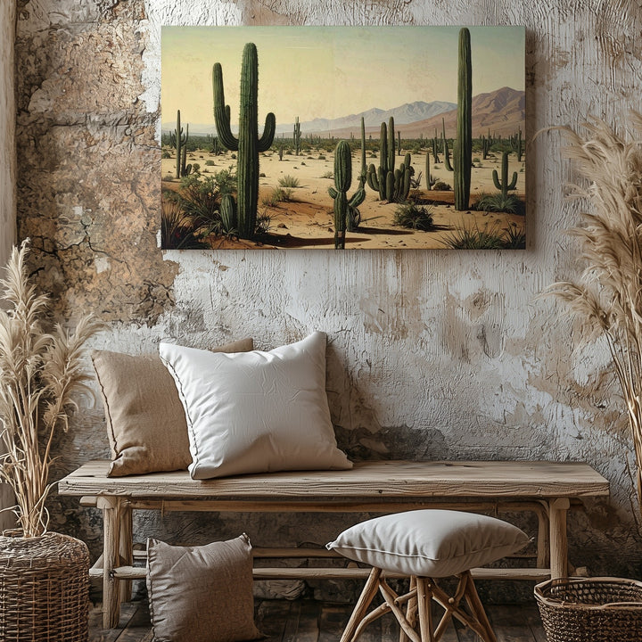 Desert Stillness Canvas – Surreal Cactus Landscape in Vintage Pastel Tones - Gifitto