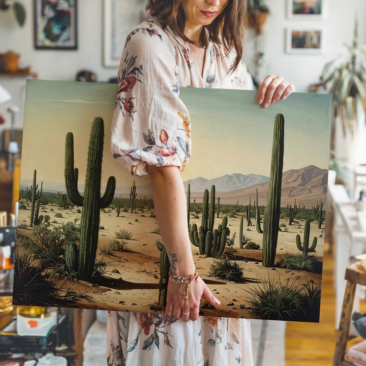 Desert Stillness Canvas – Surreal Cactus Landscape in Vintage Pastel Tones - Gifitto