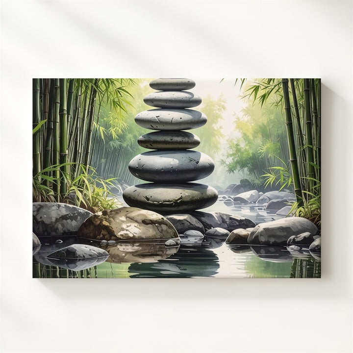 Zen Stone Stack & Bamboo Canvas – Minimalist Forest Art of Balance & Calm - Gifitto