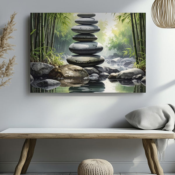 Zen Stone Stack & Bamboo Canvas – Minimalist Forest Art of Balance & Calm - Gifitto