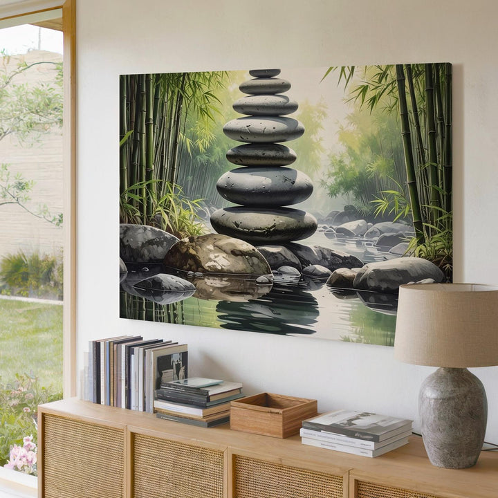 Zen Stone Stack & Bamboo Canvas – Minimalist Forest Art of Balance & Calm - Gifitto