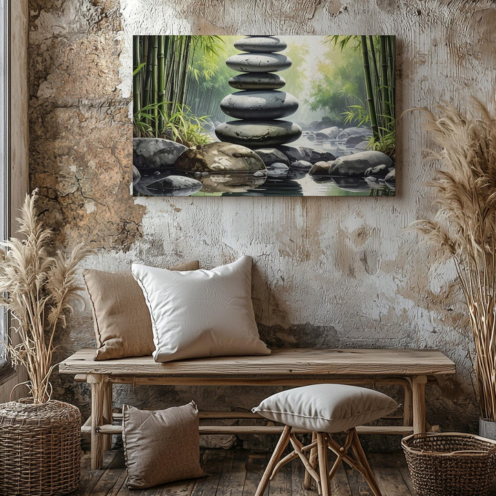 Zen Stone Stack & Bamboo Canvas – Minimalist Forest Art of Balance & Calm - Gifitto
