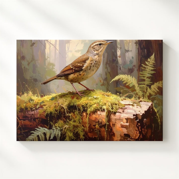 Woodland Bird on Mossy Log Canvas – Serene Forest Scene of Stillness & Nature - Gifitto