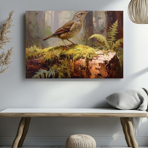 Woodland Bird on Mossy Log Canvas – Serene Forest Scene of Stillness & Nature - Gifitto