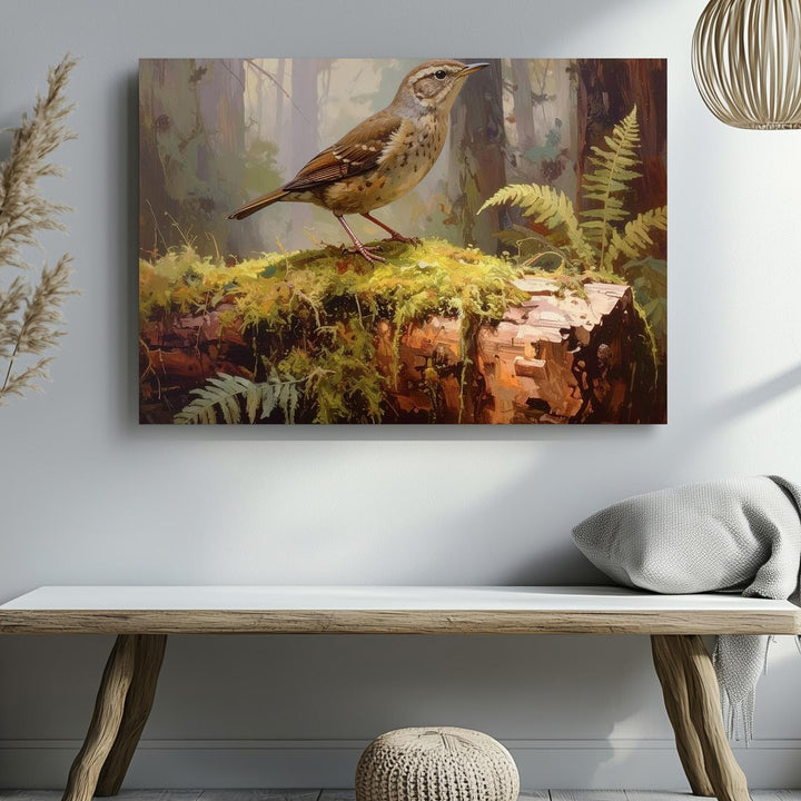 Woodland Bird on Mossy Log Canvas – Serene Forest Scene of Stillness & Nature - Gifitto