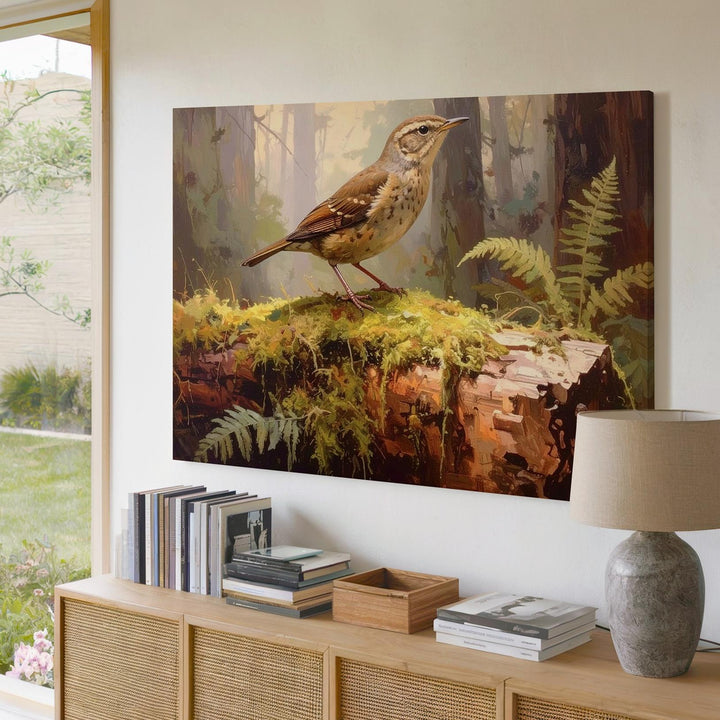 Woodland Bird on Mossy Log Canvas – Serene Forest Scene of Stillness & Nature - Gifitto