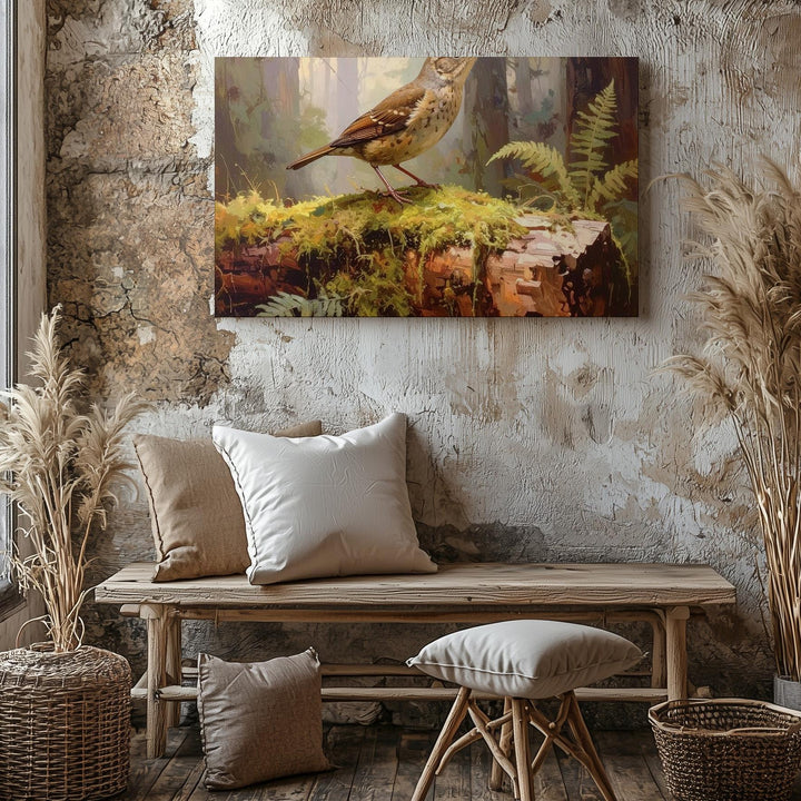 Woodland Bird on Mossy Log Canvas – Serene Forest Scene of Stillness & Nature - Gifitto