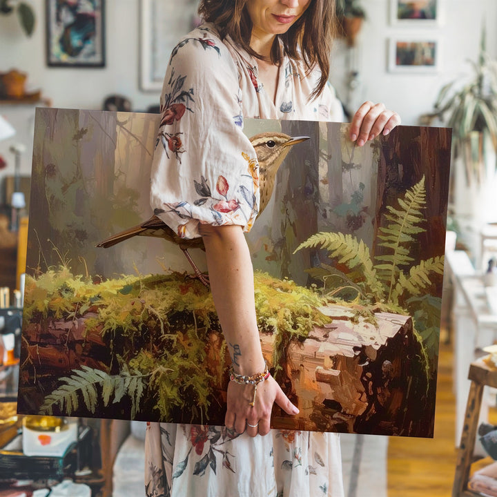 Woodland Bird on Mossy Log Canvas – Serene Forest Scene of Stillness & Nature - Gifitto