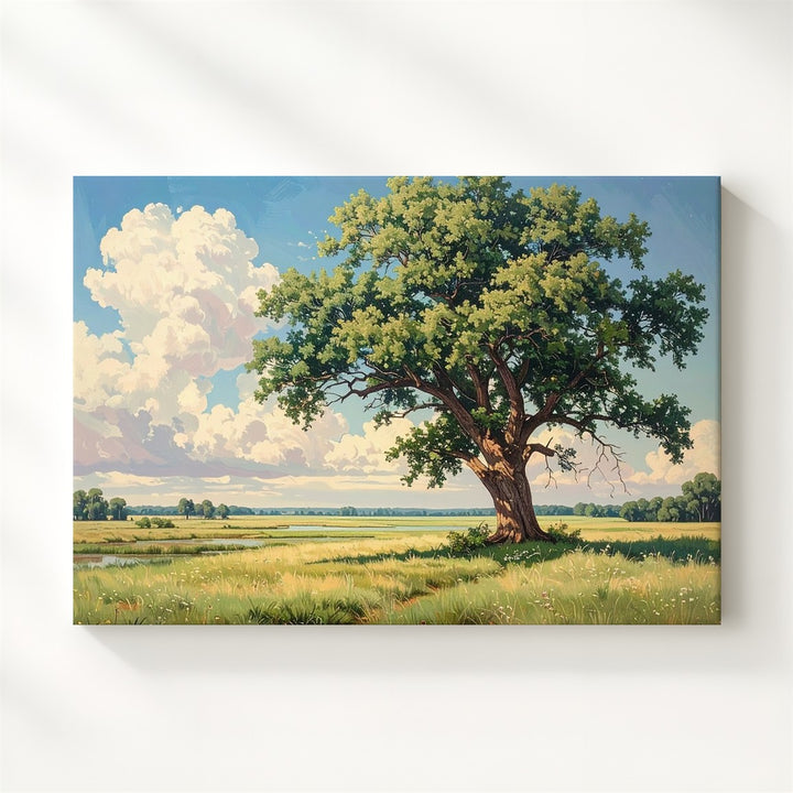 Solitary Tree in Meadow Canvas – Peaceful Rural Landscape with Blue Sky & Soft Light - Gifitto