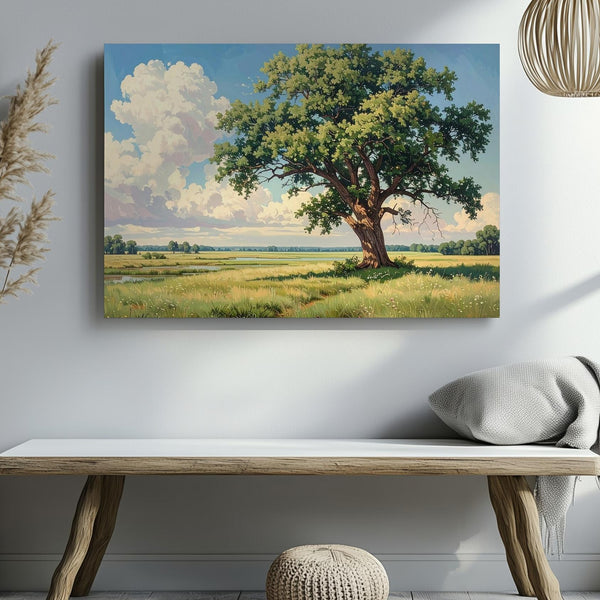 Solitary Tree in Meadow Canvas – Peaceful Rural Landscape with Blue Sky & Soft Light - Gifitto